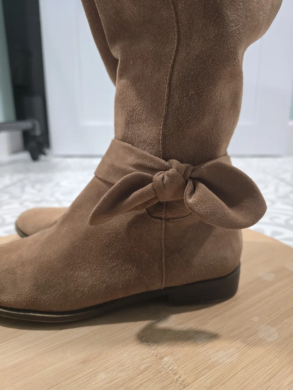 Women's Brown Suede Mid-Calf Boots with Knot Detail